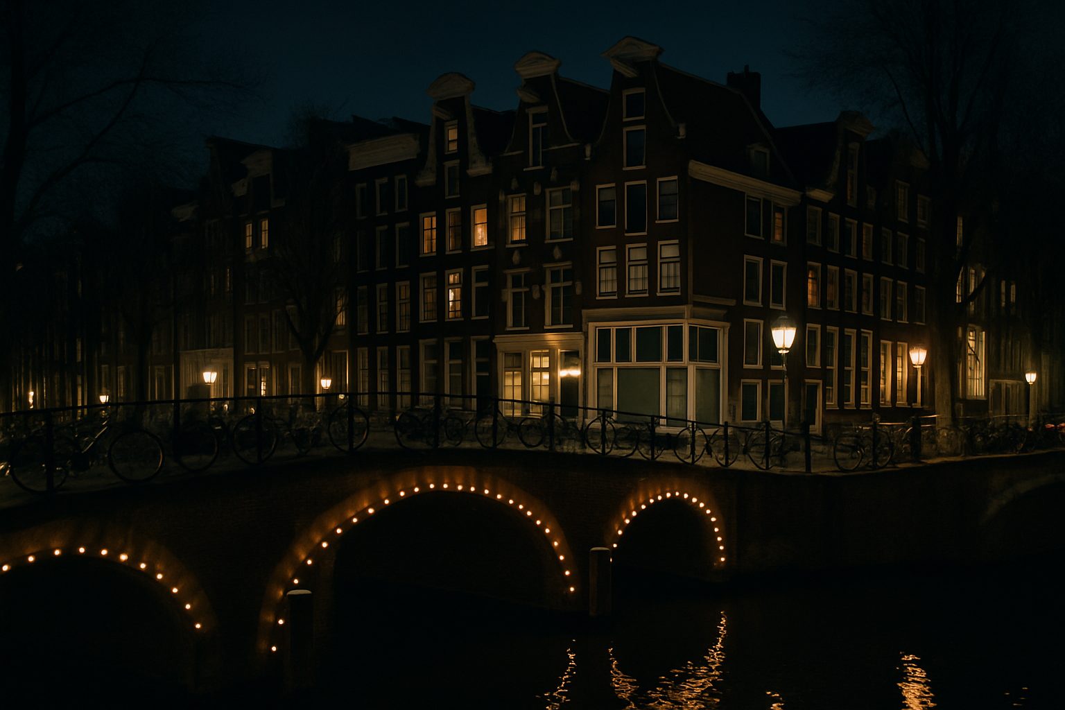 An Amsterdam canal at night with a lit bridge, gabled houses and bicycles along the rail