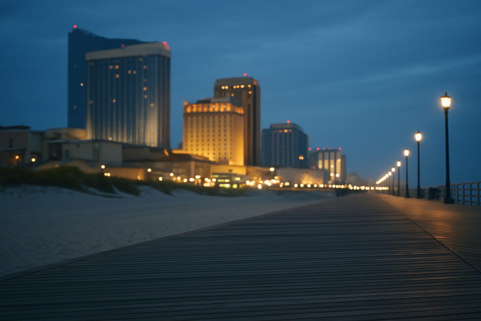 The Atlantic City boardwalk at dawn from the sand, empty decking running down the shore