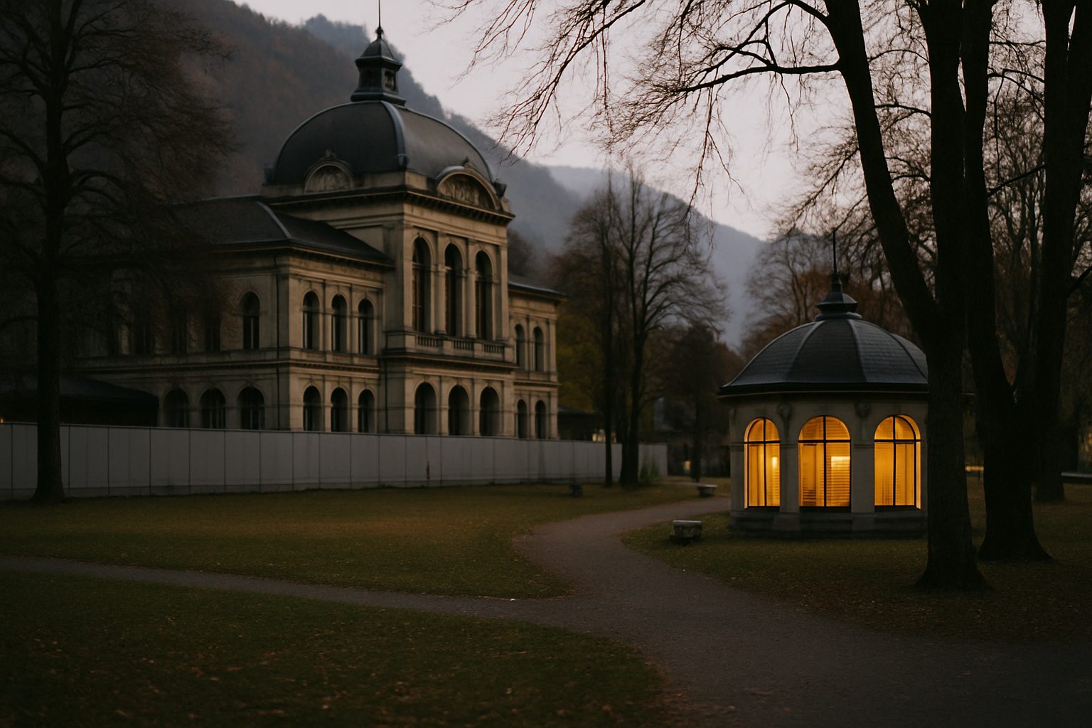 A 19th-century Kursaal building among bare trees in a Swiss spa park at dusk, construction hoardings along one side and a lit pavilion beside it