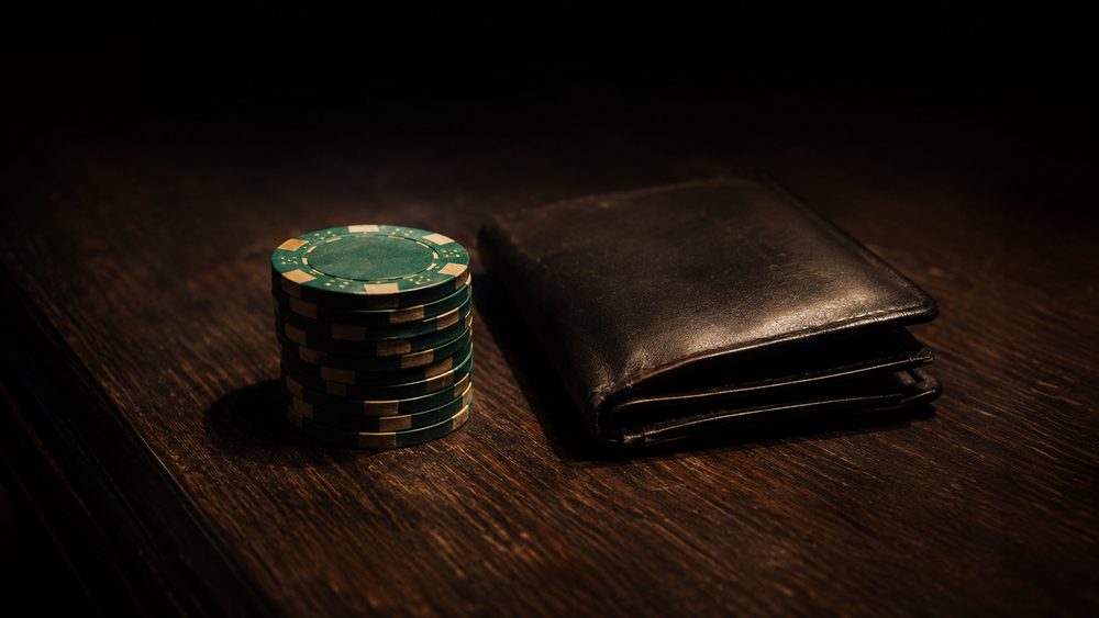 A neat stack of casino chips beside a closed leather wallet on dark wood, lit from above with the surroundings in shadow