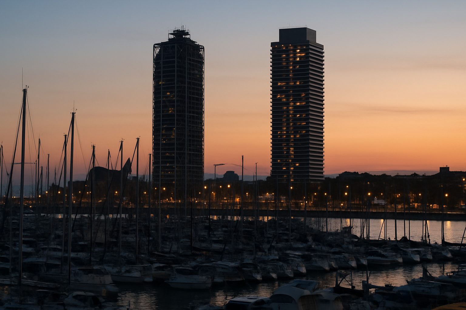 Barcelona's Olympic port at dusk, masts in the foreground and towers behind