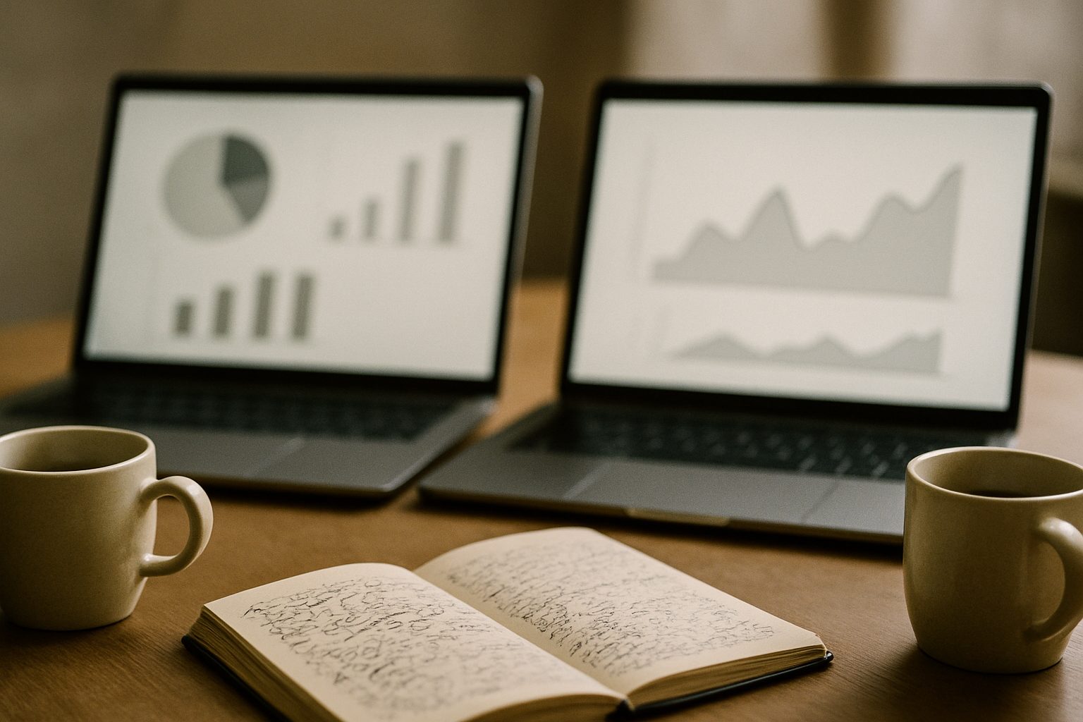 Two laptops side by side on a desk with coffee cups and a notebook