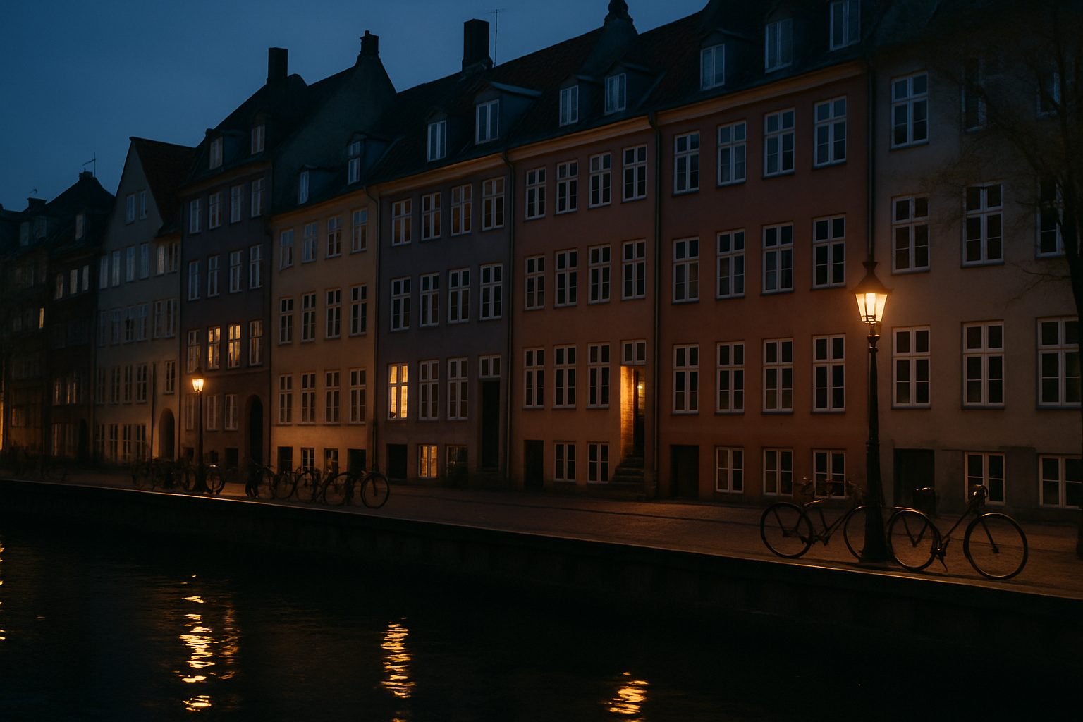 A Copenhagen canal in the evening with narrow townhouses and bicycles against the railing