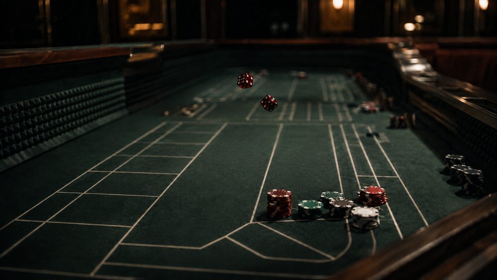A craps table seen along the length of the layout, two dice in the air above the felt and chips stacked on the pass line