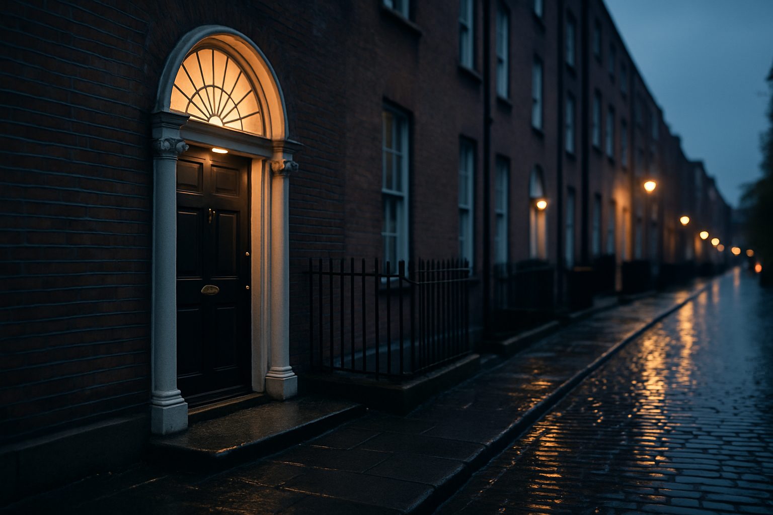 A Georgian doorway on a Dublin street at dusk, the fanlight lit above the door and wet setts reflecting the streetlamps