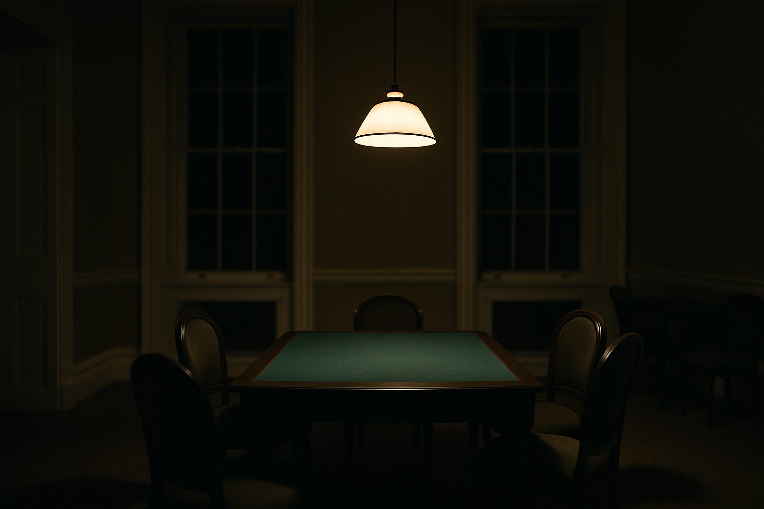 An empty card room at night, a single baize table lit by one hanging lamp with the rest of the room in shadow