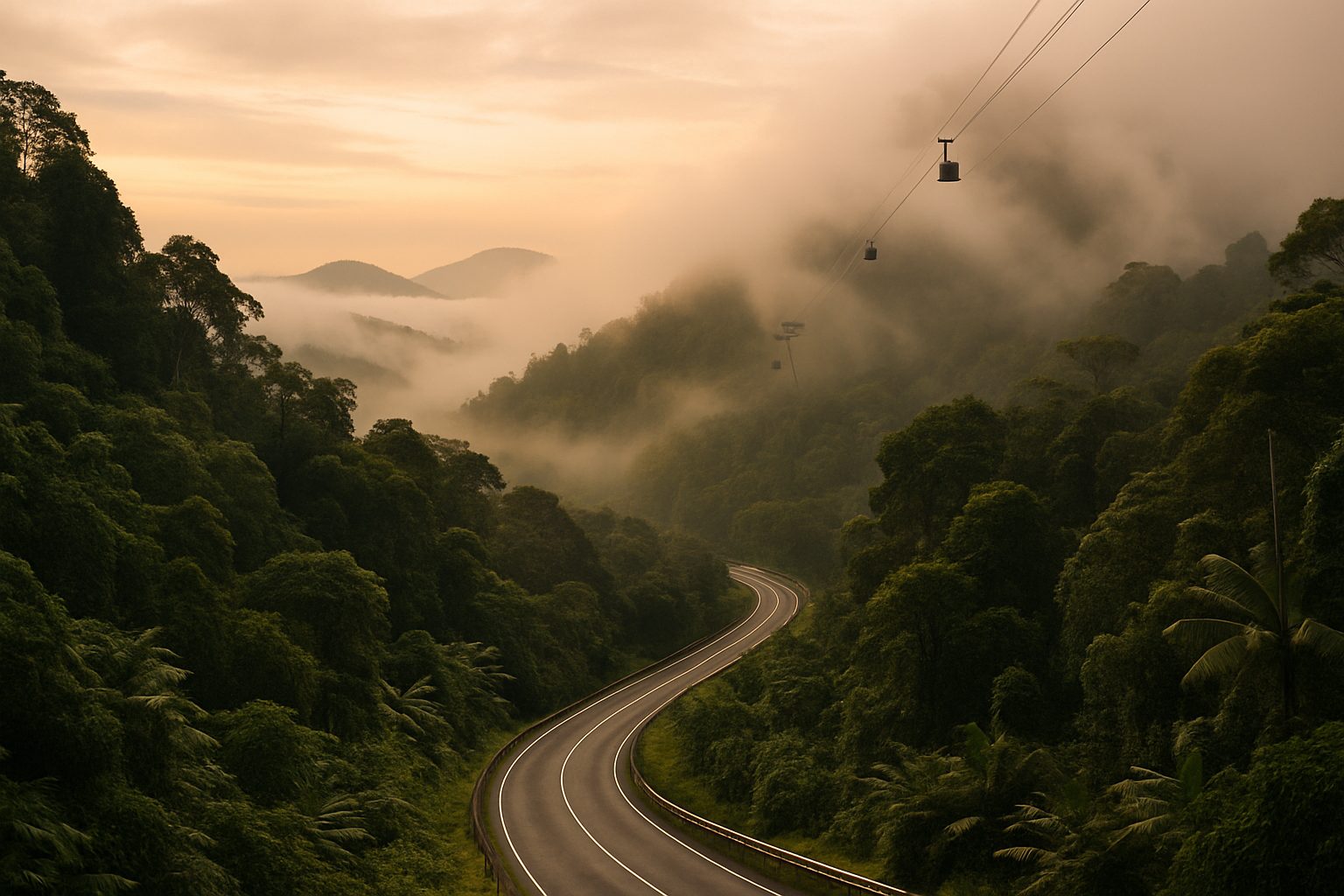 A mountain road climbing through rainforest into cloud at dawn, a cable car line rising toward a hidden hilltop