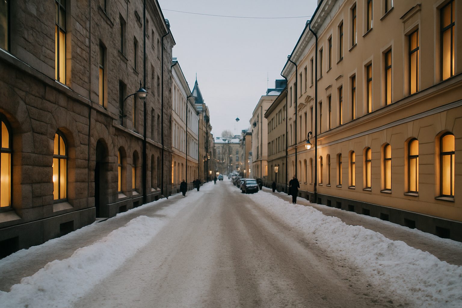 A Helsinki street on a winter afternoon, snow along the kerb and windows lit early