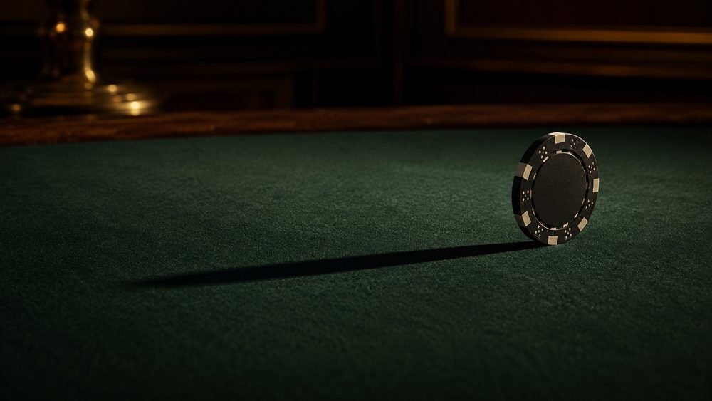 A single casino chip standing on edge on green felt, lit so that it casts a shadow visibly longer than the chip is tall