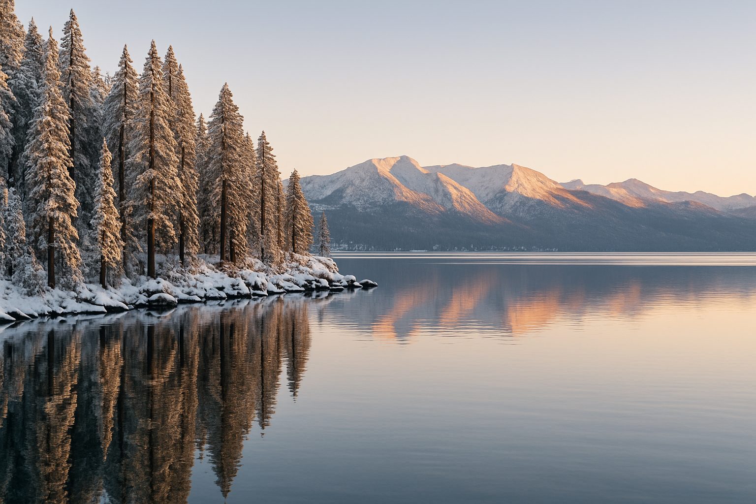 Lake Tahoe at first light in winter, snow on the pines and the far mountains catching the sun