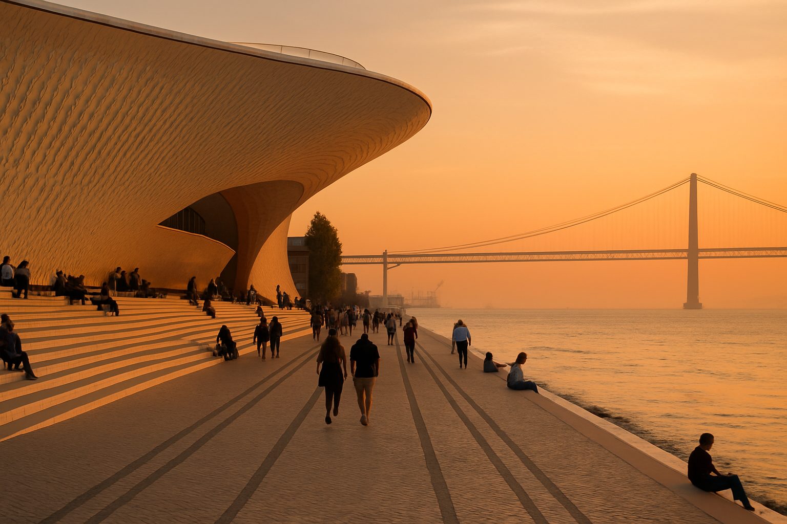 The Tagus riverside in Lisbon at sunset, waterfront architecture and the bridge in the haze