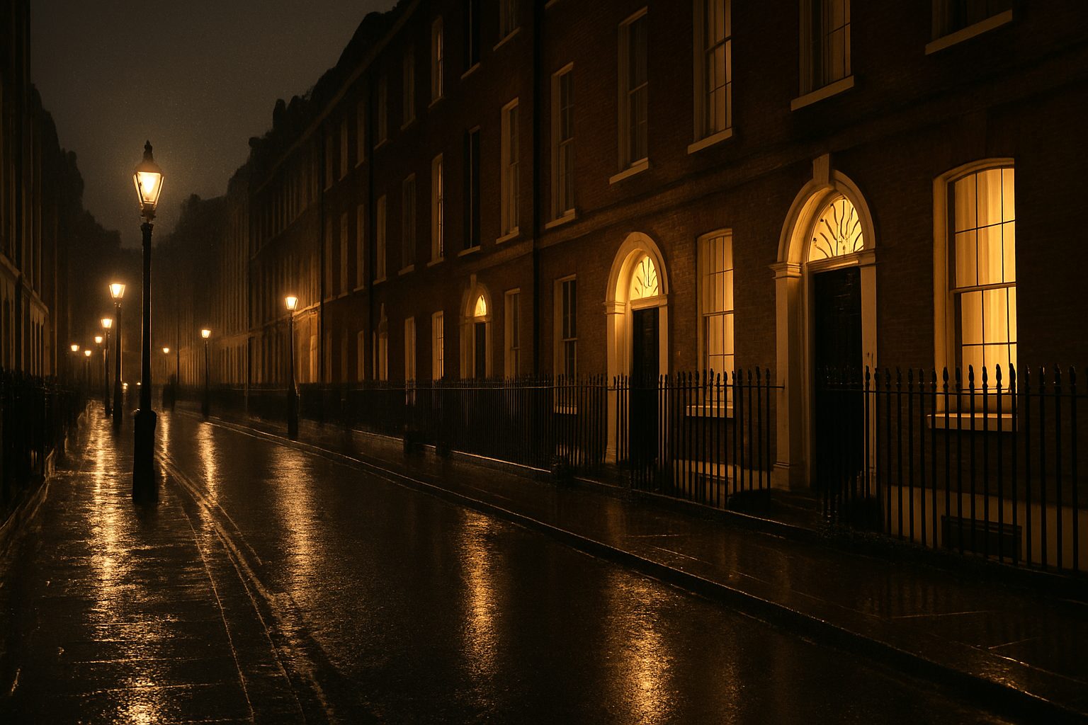 A Mayfair street in London at night in light rain, Georgian townhouses with lit fanlights