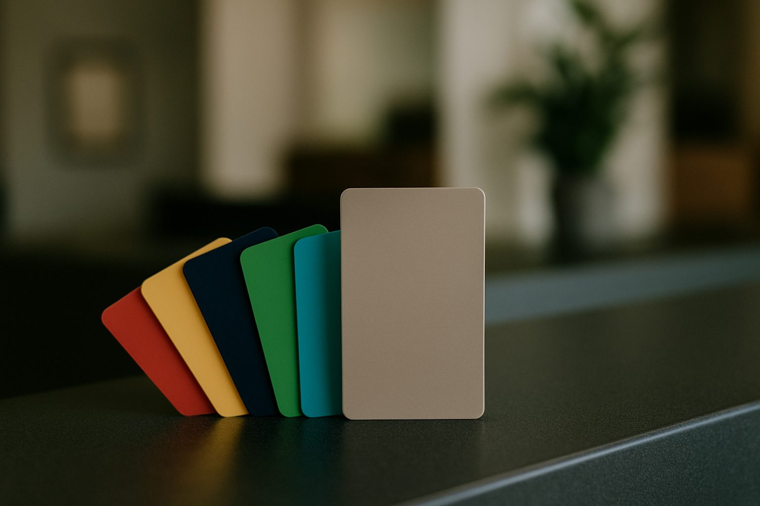 A fan of blank coloured plastic membership cards on a dark reception counter