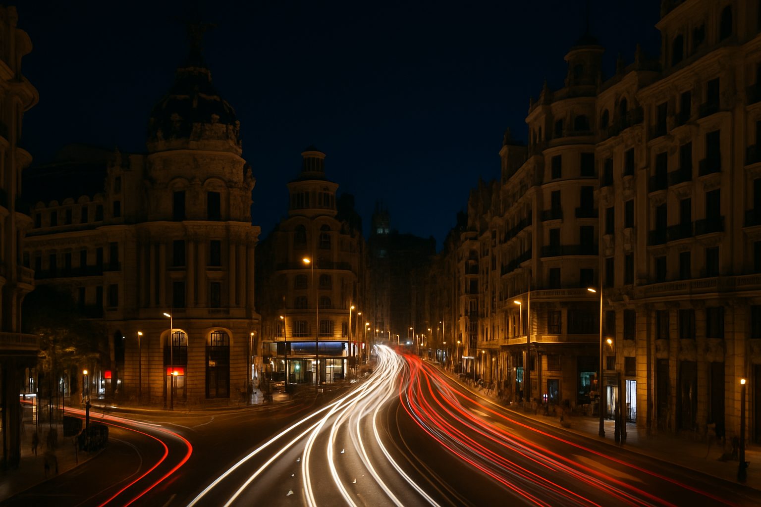 Gran Via in Madrid at night from above, facades curving away and traffic as light trails