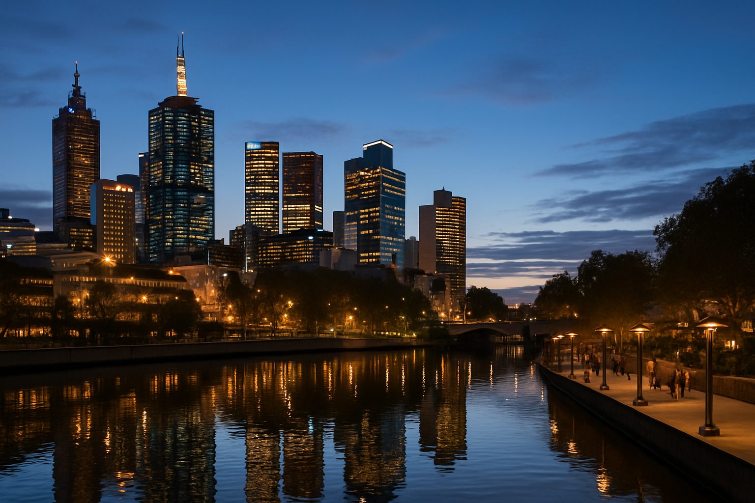The Yarra river at Southbank in Melbourne at blue hour, towers reflected in the water