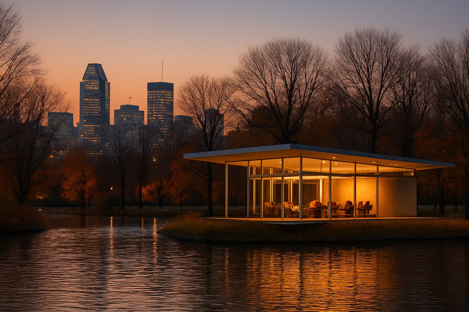 A modernist pavilion on an island park in Montreal at dusk, downtown distant behind bare trees