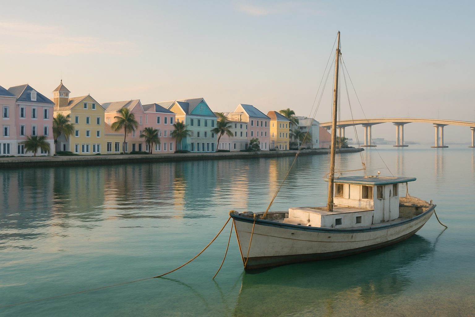Nassau harbour in the early morning, pastel waterfront buildings and a moored fishing boat in clear shallow water