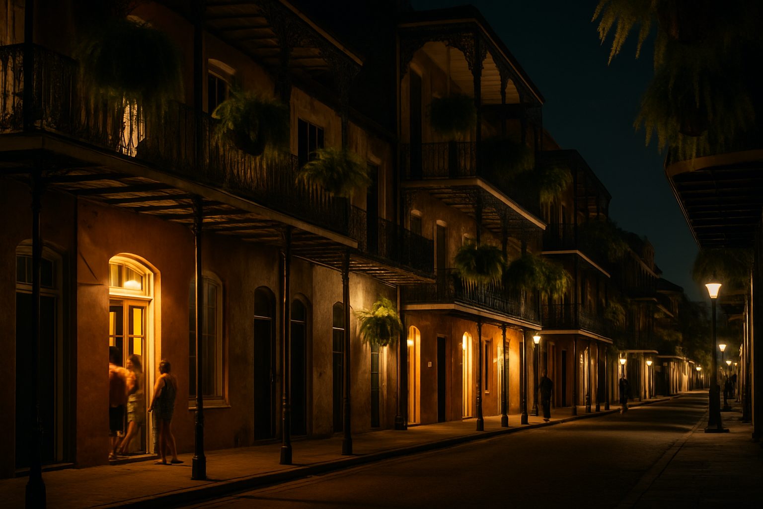 A French Quarter street in New Orleans at night, cast-iron balconies and warm light from open doorways