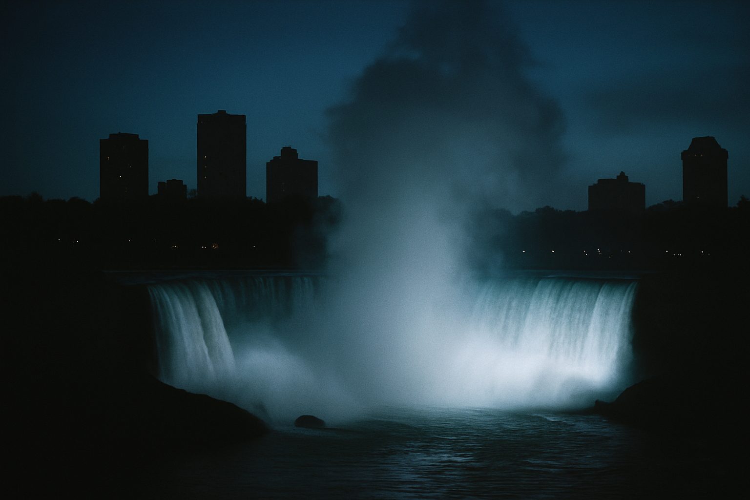 The Horseshoe Falls at night from the Canadian side, mist rising and lit from below