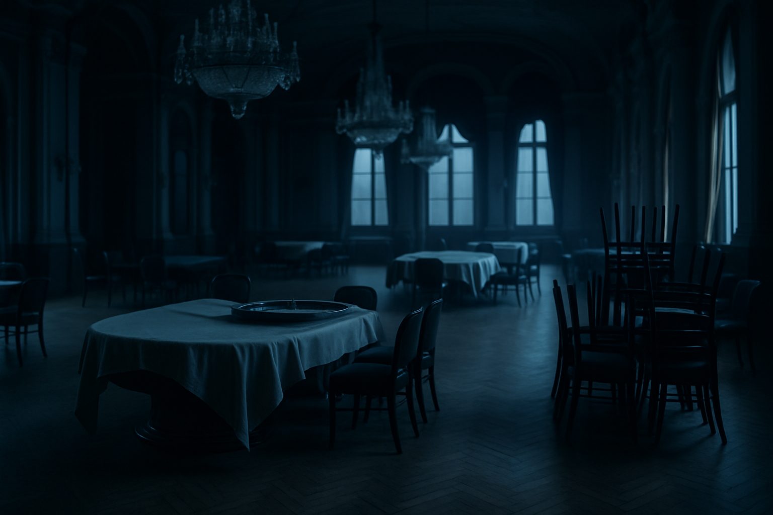 An empty European casino hall at dusk with roulette tables under dust sheets, chairs stacked and the chandeliers unlit