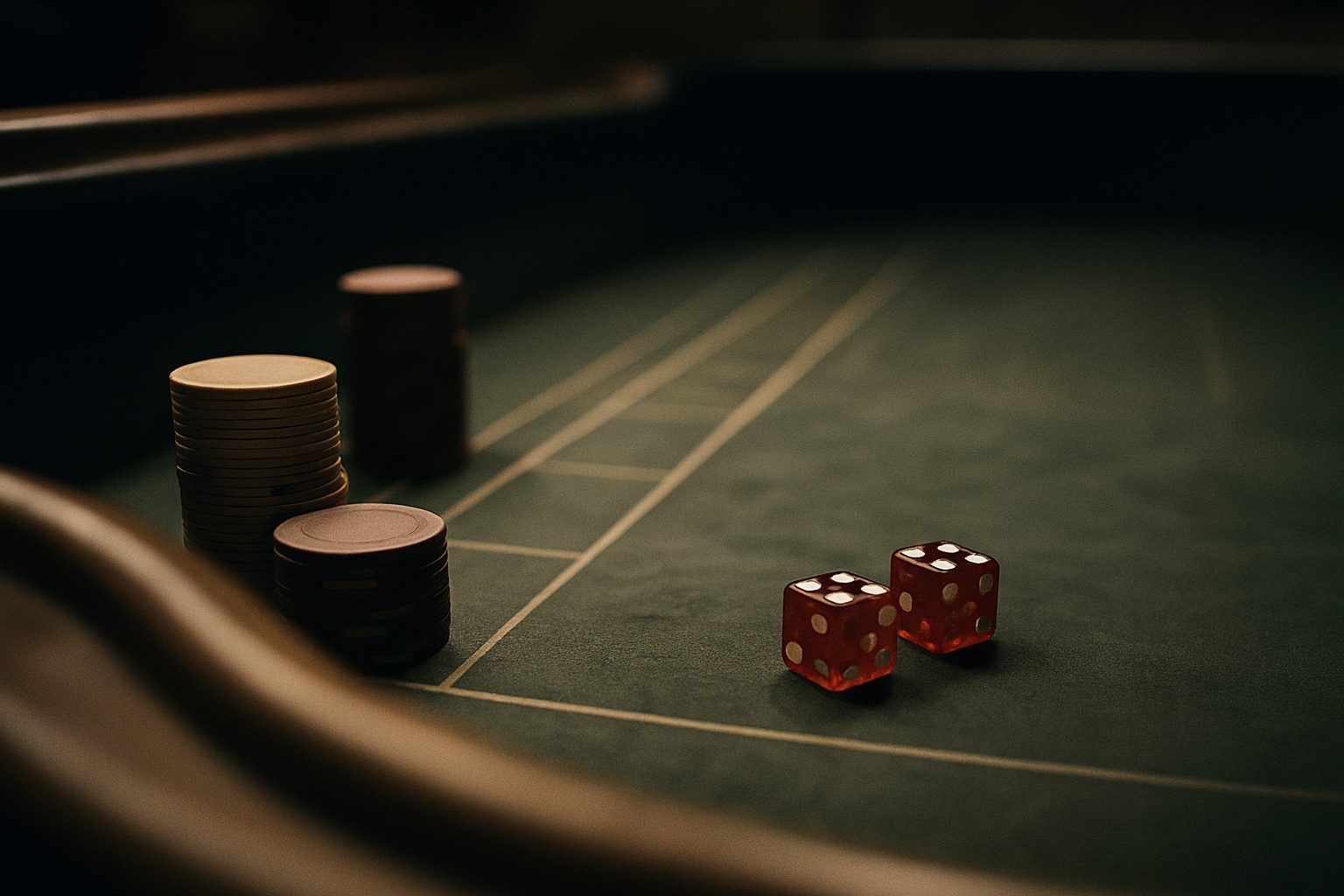 A craps table along the rail, chips on the pass line with a second stack behind it and two dice at rest on the felt
