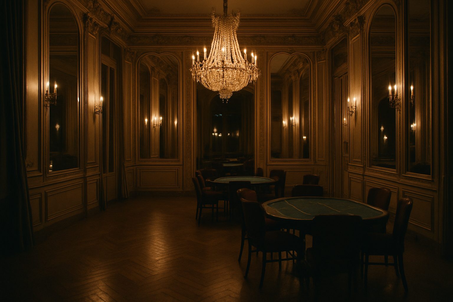 A grand Parisian salon at night with parquet, mirrors and a chandelier, tables soft-focused beyond