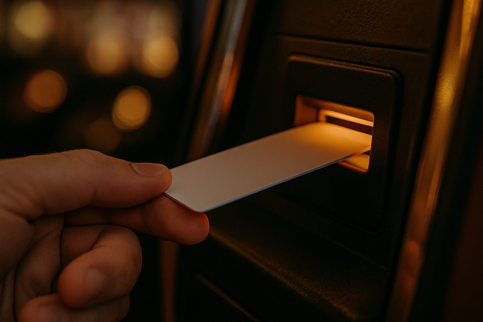A blank plastic card being inserted into a slot machine's card reader