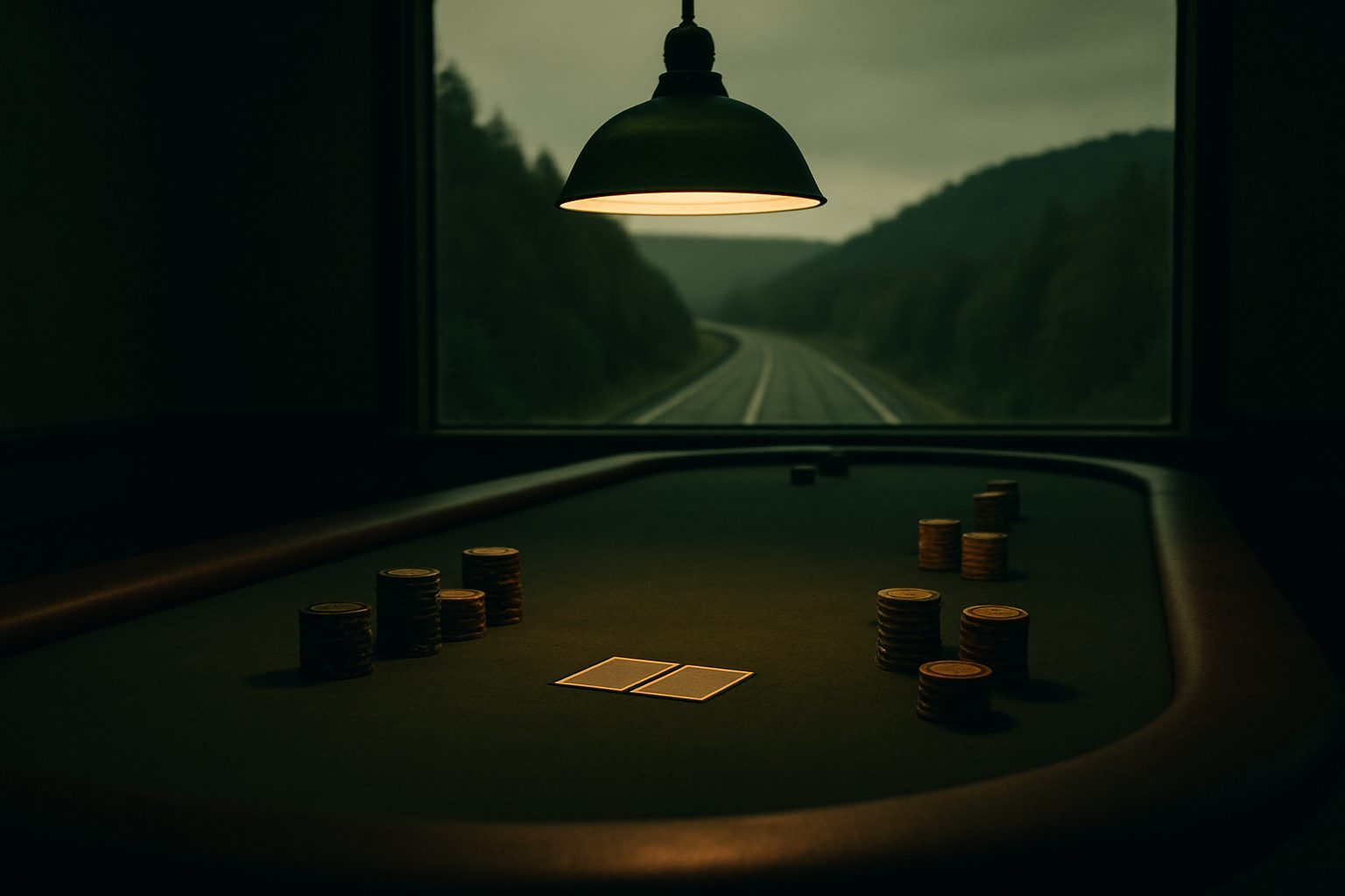 An empty poker table with chip stacks under a green-shaded lamp; through the window behind it, a border highway runs into forested hills at dusk