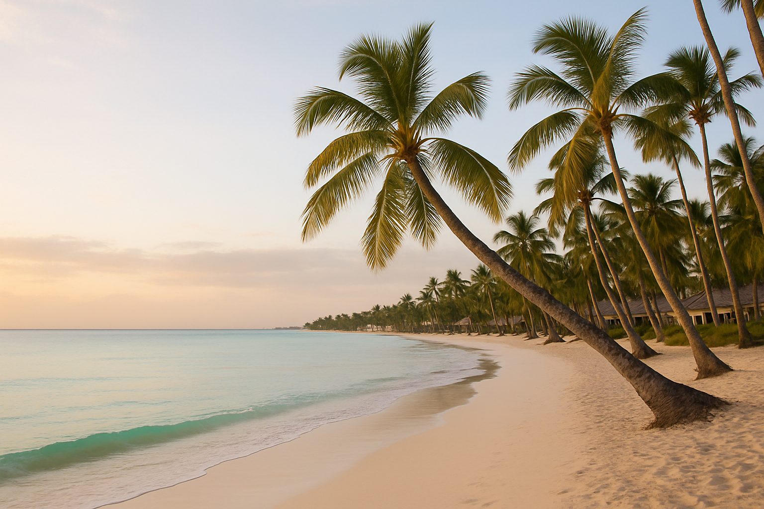 Bavaro beach at first light, palms leaning over white sand and low resort roofs behind the palm line