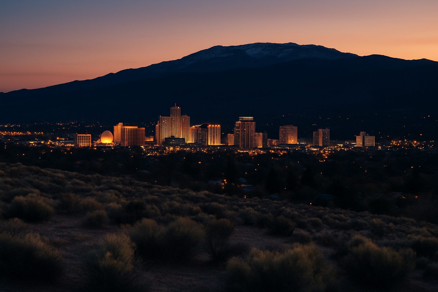 Reno at dusk from the edge of town, a compact skyline with the Sierra Nevada behind