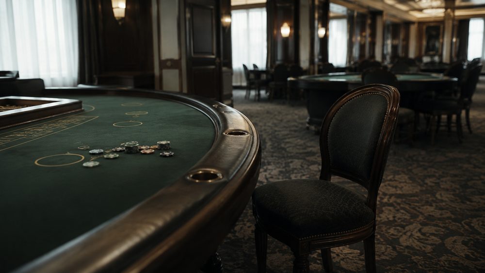 An empty chair pushed back from a casino table with chips left on the felt, photographed in the early morning with the room lights up