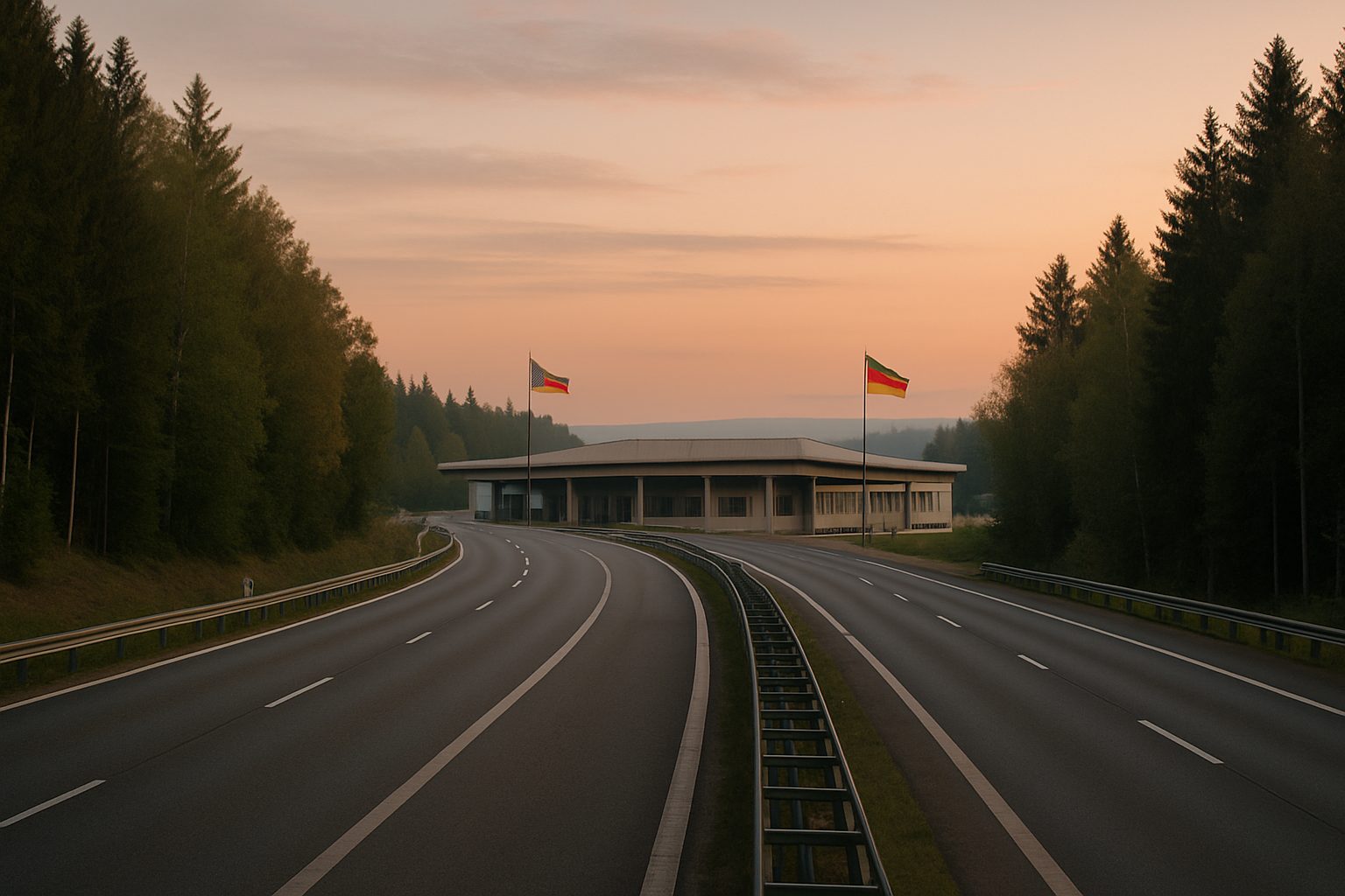 An empty motorway approaching the Czech-German border at dawn, forest either side