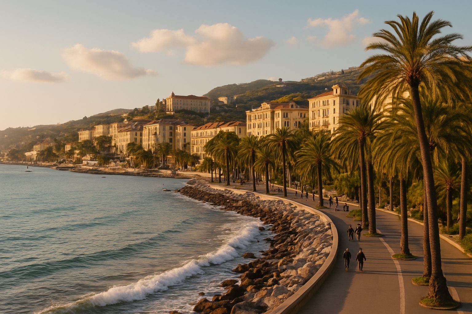 The Sanremo seafront in late afternoon, palms along the front and belle epoque facades on the hillside