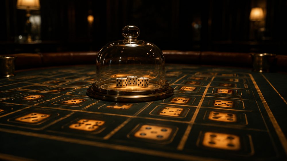 Three dice inside a transparent shaker dome on a sic bo layout, the electronic betting grid lit from beneath