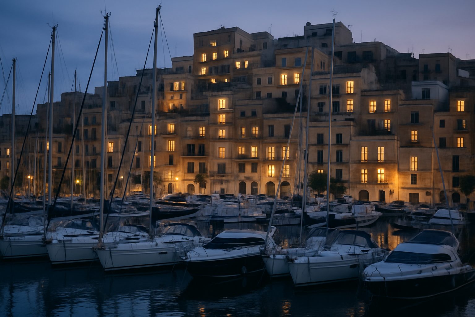 A Maltese marina at dusk, yachts moored and limestone blocks stepping up the hillside