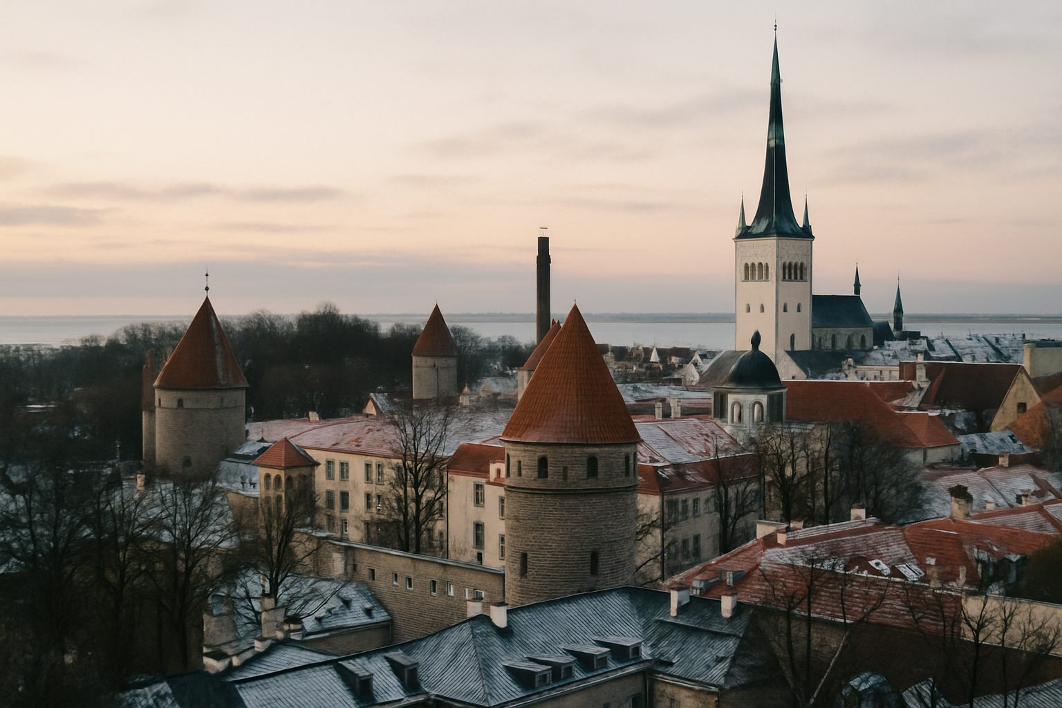 Tallinn's old town at dawn, red-tiled roofs and a church spire with the Baltic in the distance