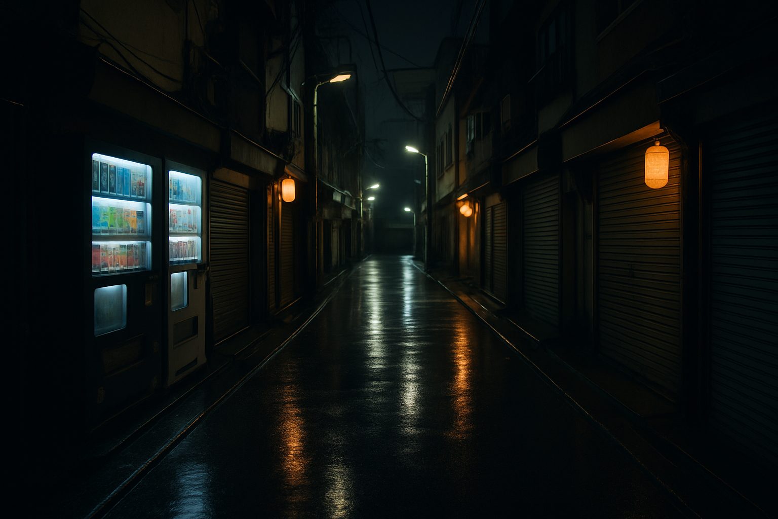 A narrow Tokyo side street at night in the rain, reflections on the wet asphalt
