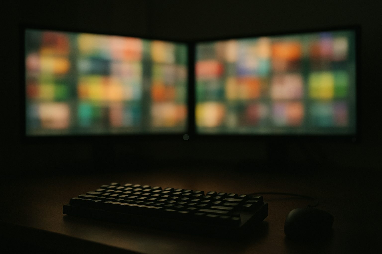 A dual-monitor desk in a darkened room, screens showing blurred grids of colour