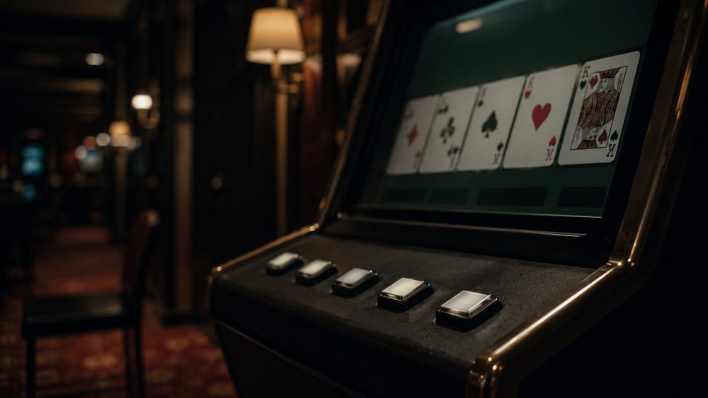A single video poker machine in a dim casino corridor, its screen lighting the cabinet and the five hold buttons in the foreground