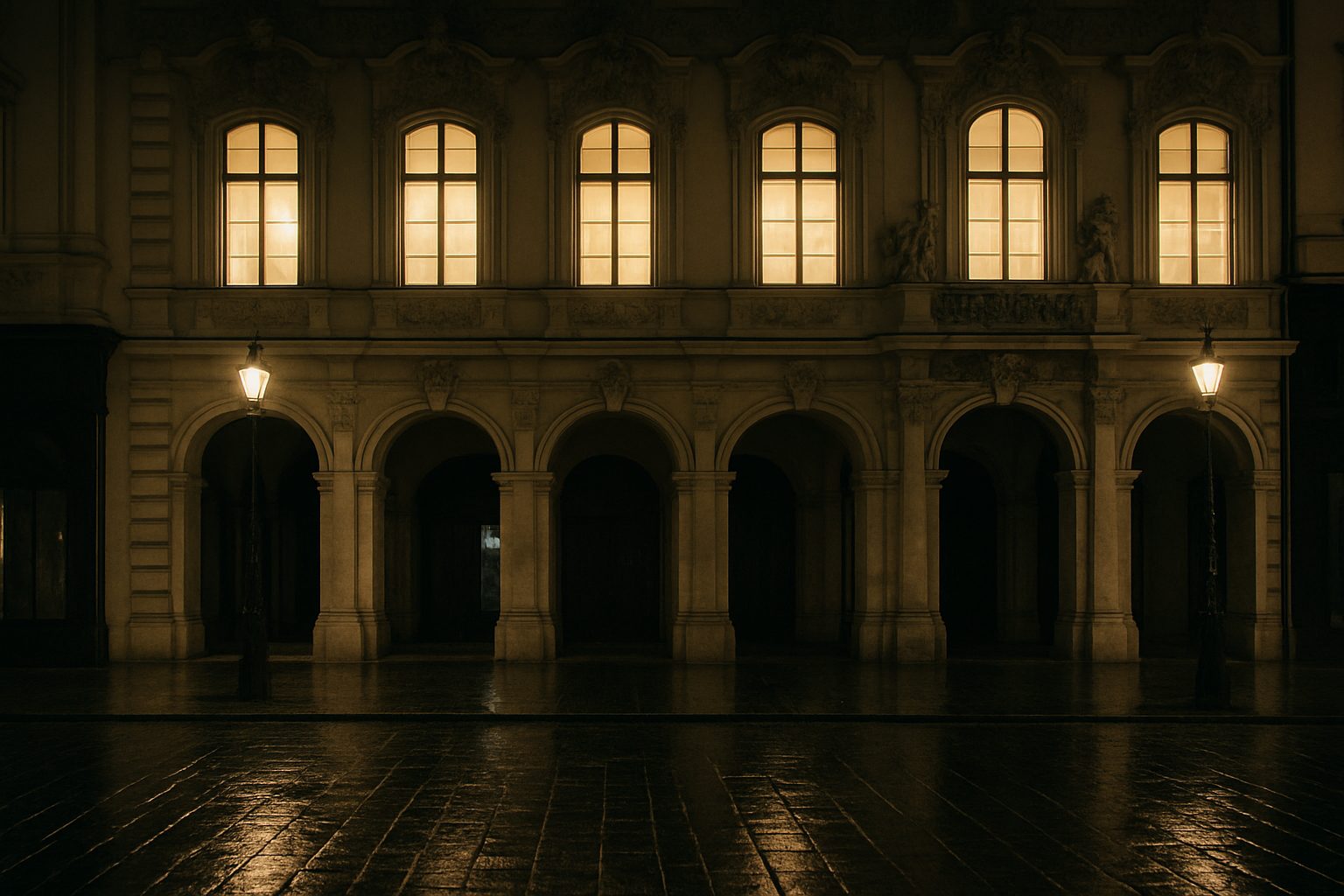A baroque palace facade on a Vienna shopping street at night, tall lit windows above a stone arcade and wet cobbles in the foreground